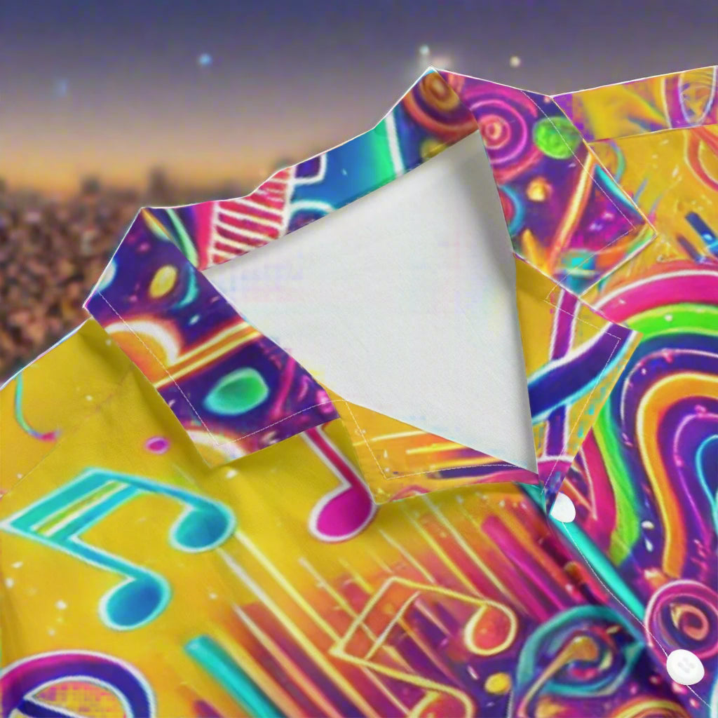 musical guitar hawaiian shirt for music festivals gold pink blue