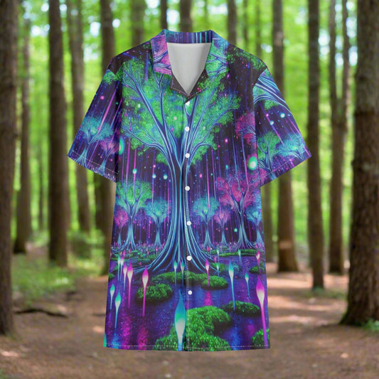 Forest Festival Neon Purple Blue Green Hawaiian Shirt
