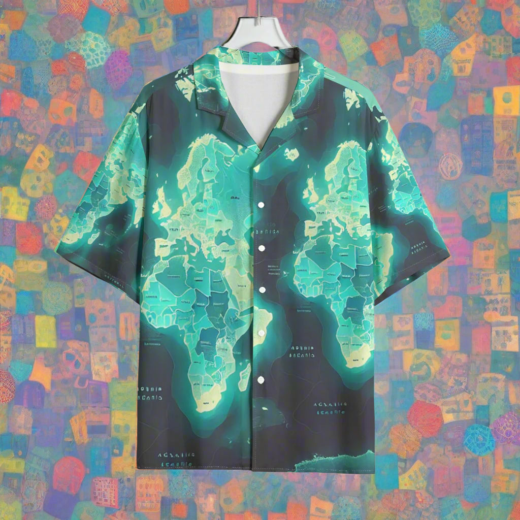 Aquamarine Maps Collection Hawaiian Shirt Rayon